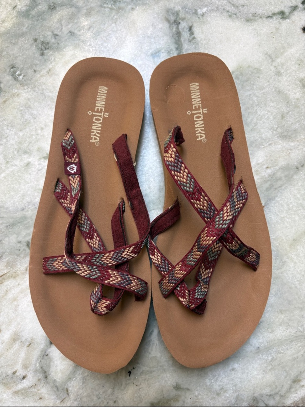 Minnetonka Burgundy & Brown Woven-Strap Sandals